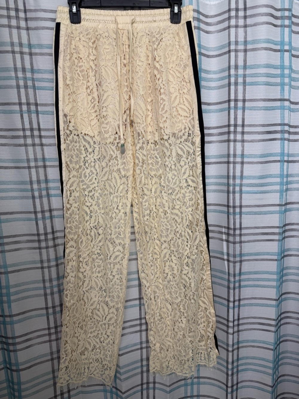 Cream Lace Track Pants with Black Side Stripe